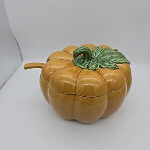 Pier 1 Harvest Ceramic Pumpkin Soup Tureen  Serving Dish with Lid & Matching